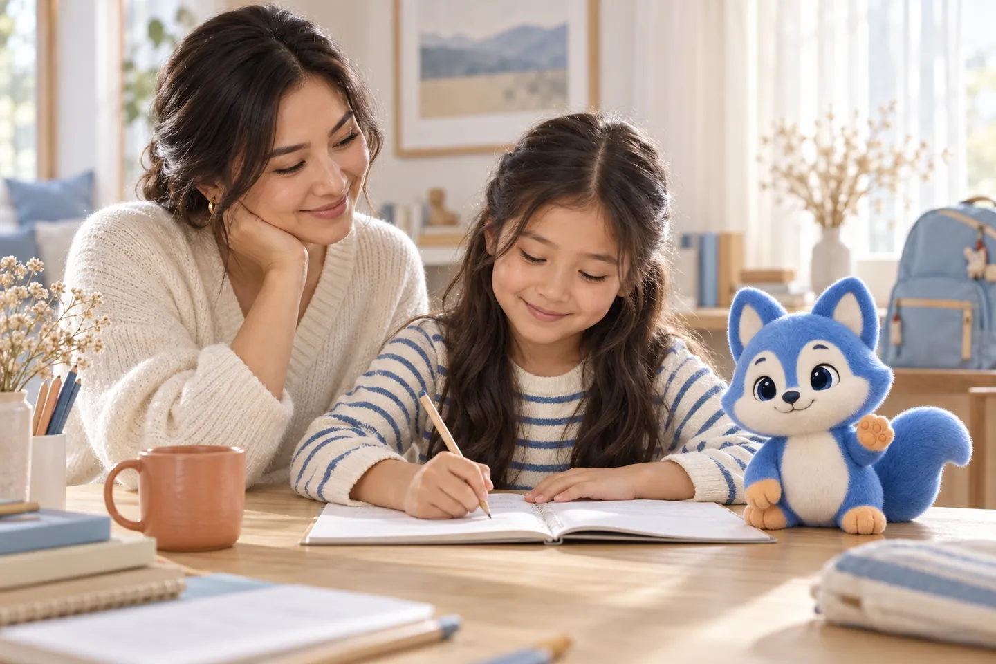 A mother and daughter learning together, with Nilo beside them